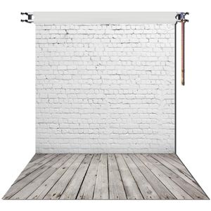 White Brick Wall With Gray Wooden Floor Backdrop